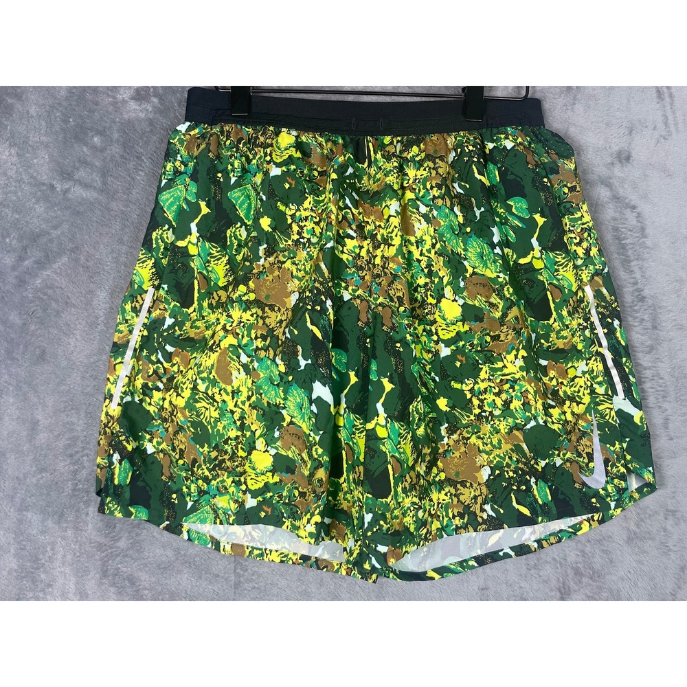 Nike Mens XL Running Shorts Green Yellow Camo Abstract Print Rear Zip Pocket